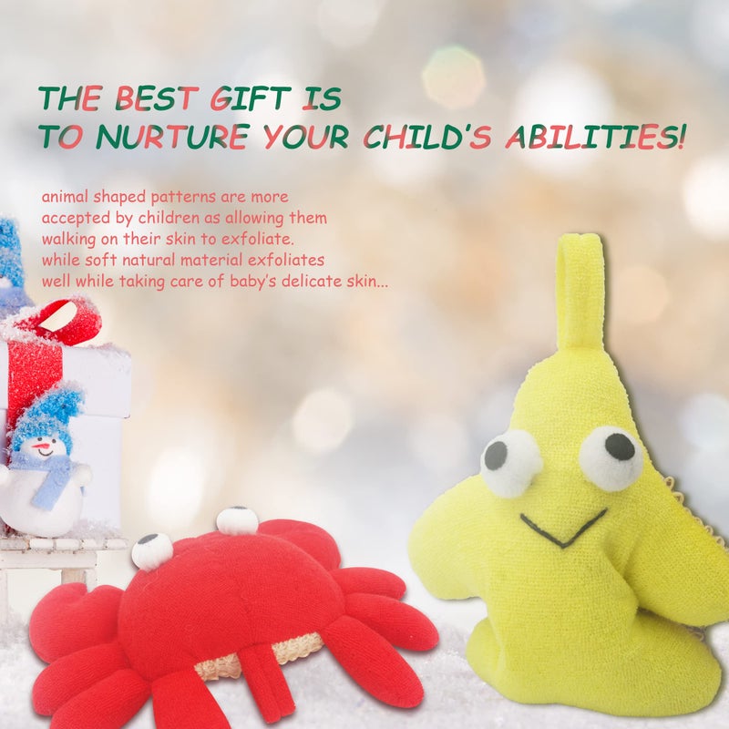 Bleu Bath (2 Pack) Animal Body Scrubber Natural Linen Shower Ball for Toddler Kids Gentle Exfoliating Bath Sponge Loofah Pouf in Yellow Starfish Red Crab with Cute Big Eyes Design - Image 2